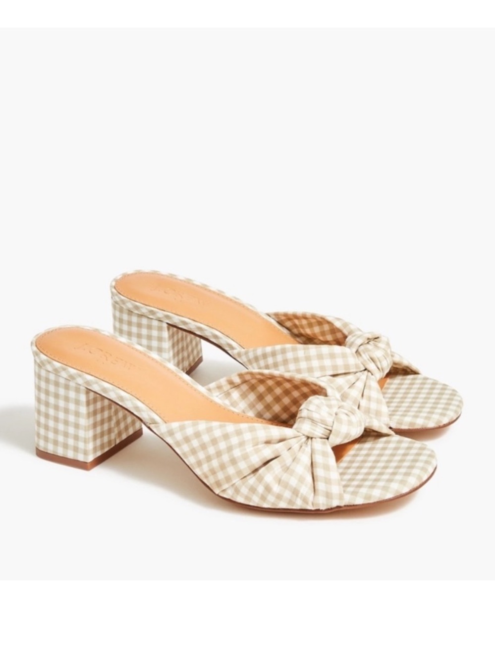 J.Crew Gingham Knot Slide Sandals Block Heel Tan & White Size 10
